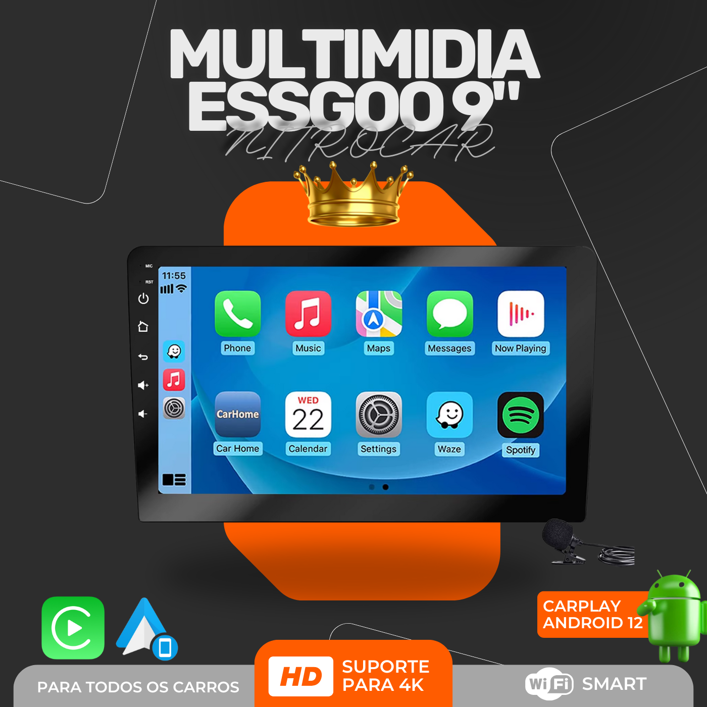 Central Multimídia ESSGOO 9" Polegadas Android 2GB RAM 32GB ROM CarPlay GPS WiFi